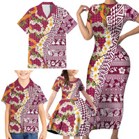 Hawaiian Plumeria Lei Family Matching Short Sleeve Bodycon Dress and Hawaiian Shirt Kakau Motifs and Palaka Half Style Pink Color LT03 - Polynesian Pride