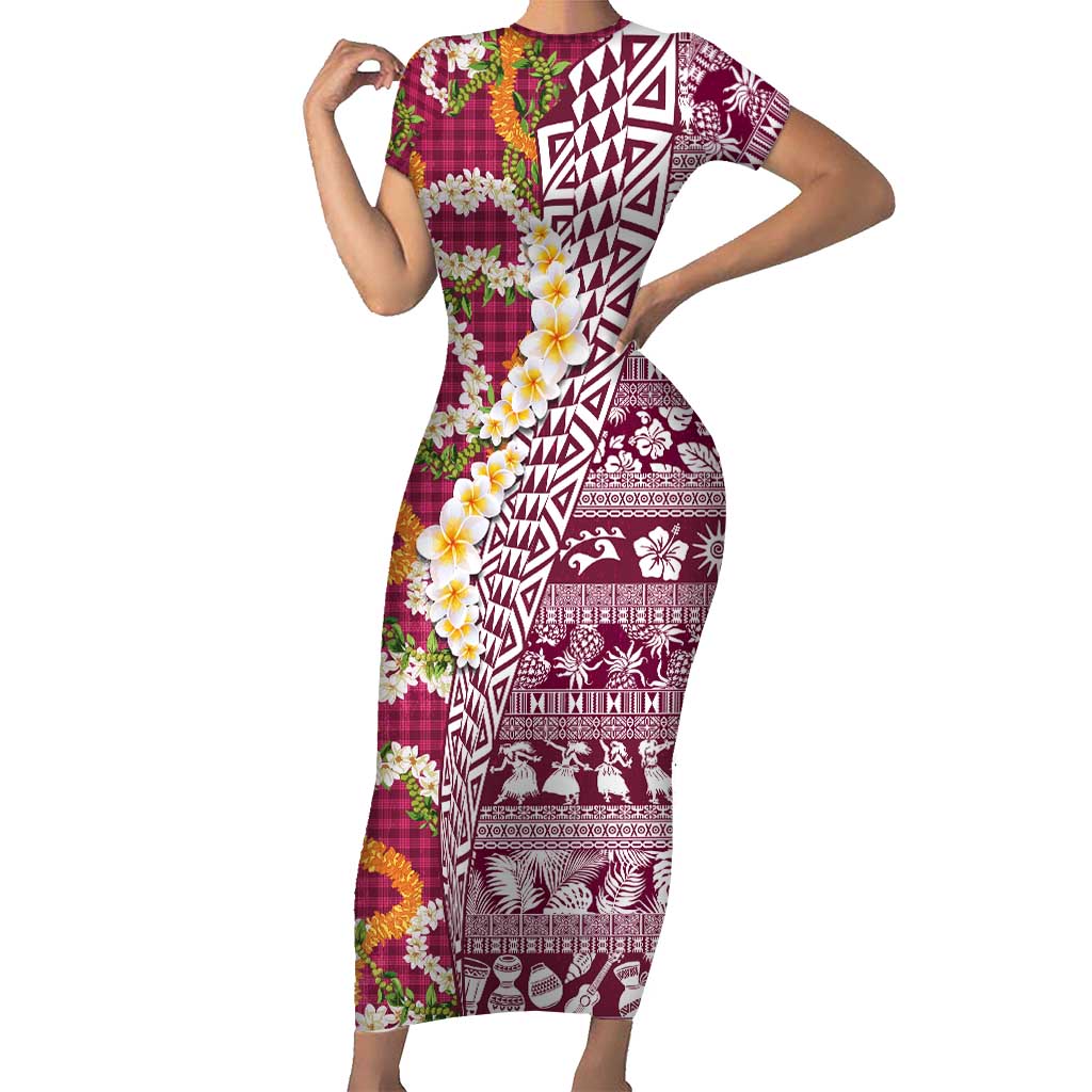 Hawaiian Plumeria Lei Family Matching Short Sleeve Bodycon Dress and Hawaiian Shirt Kakau Motifs and Palaka Half Style Pink Color LT03 Mom's Dress Pink - Polynesian Pride