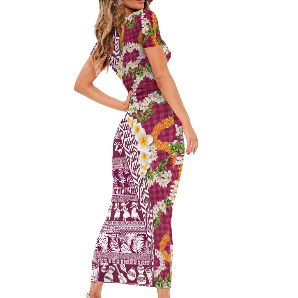 Hawaiian Plumeria Lei Family Matching Short Sleeve Bodycon Dress and Hawaiian Shirt Kakau Motifs and Palaka Half Style Pink Color LT03 - Polynesian Pride