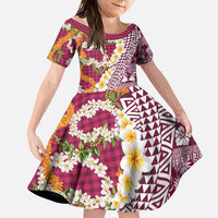 Hawaiian Plumeria Lei Family Matching Summer Maxi Dress and Hawaiian Shirt Kakau Motifs and Palaka Half Style Pink Color LT03 Daughter's Dress Pink - Polynesian Pride