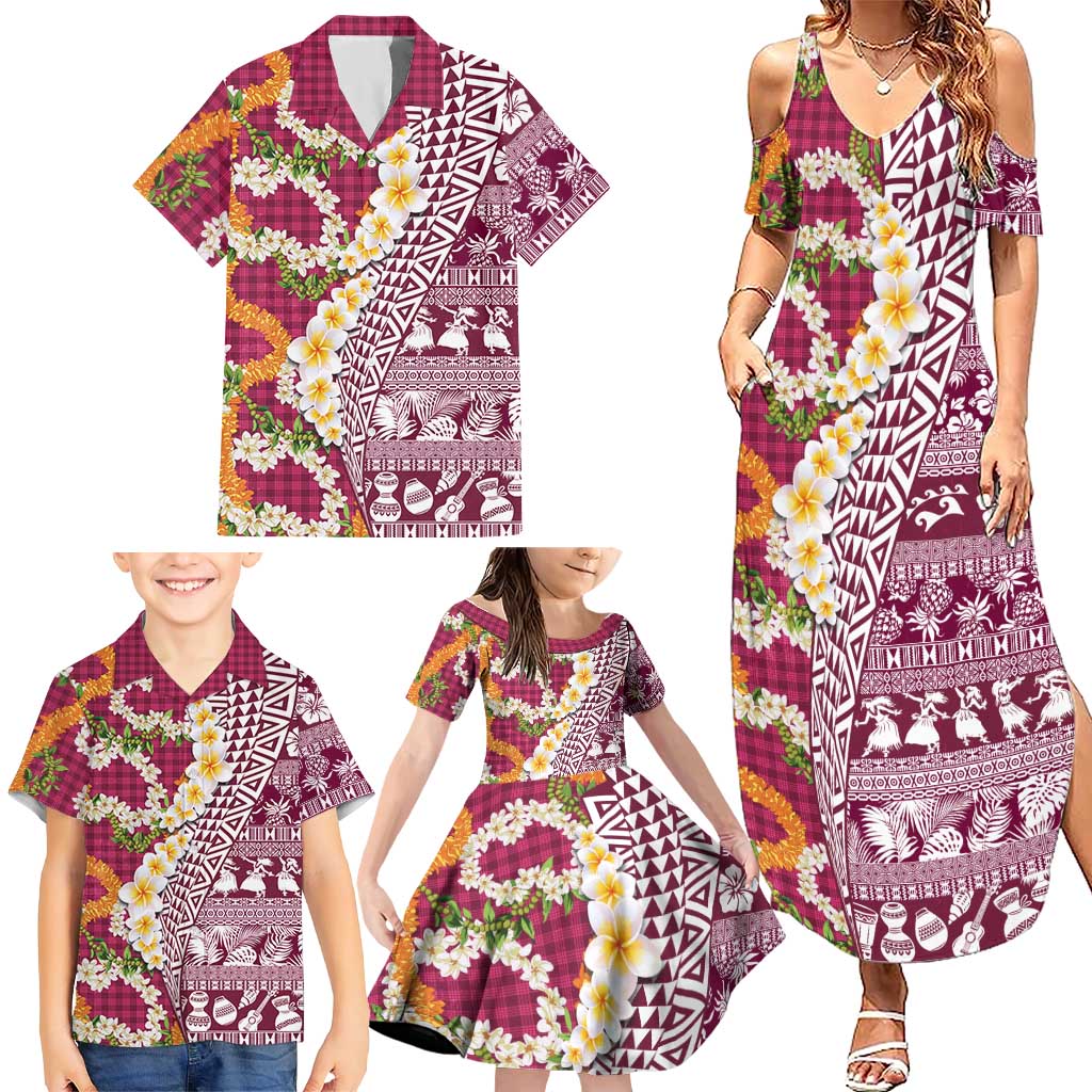 Hawaiian Plumeria Lei Family Matching Summer Maxi Dress and Hawaiian Shirt Kakau Motifs and Palaka Half Style Pink Color LT03 - Polynesian Pride