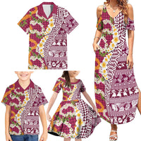 Hawaiian Plumeria Lei Family Matching Summer Maxi Dress and Hawaiian Shirt Kakau Motifs and Palaka Half Style Pink Color LT03 - Polynesian Pride