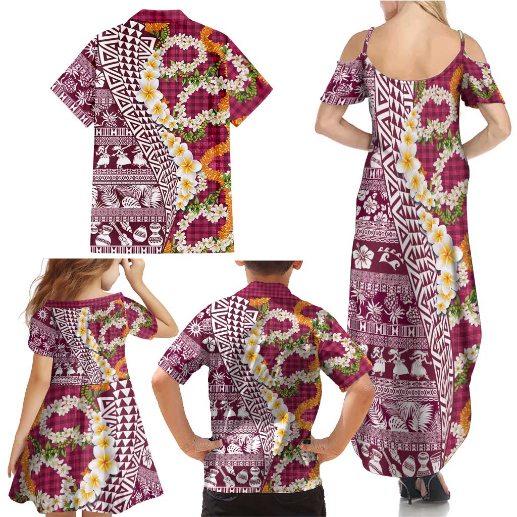 Hawaiian Plumeria Lei Family Matching Summer Maxi Dress and Hawaiian Shirt Kakau Motifs and Palaka Half Style Pink Color LT03 - Polynesian Pride