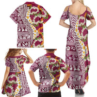 Hawaiian Plumeria Lei Family Matching Summer Maxi Dress and Hawaiian Shirt Kakau Motifs and Palaka Half Style Pink Color LT03 - Polynesian Pride