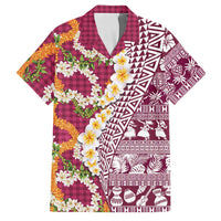 Hawaiian Plumeria Lei Family Matching Summer Maxi Dress and Hawaiian Shirt Kakau Motifs and Palaka Half Style Pink Color LT03 Dad's Shirt - Short Sleeve Pink - Polynesian Pride