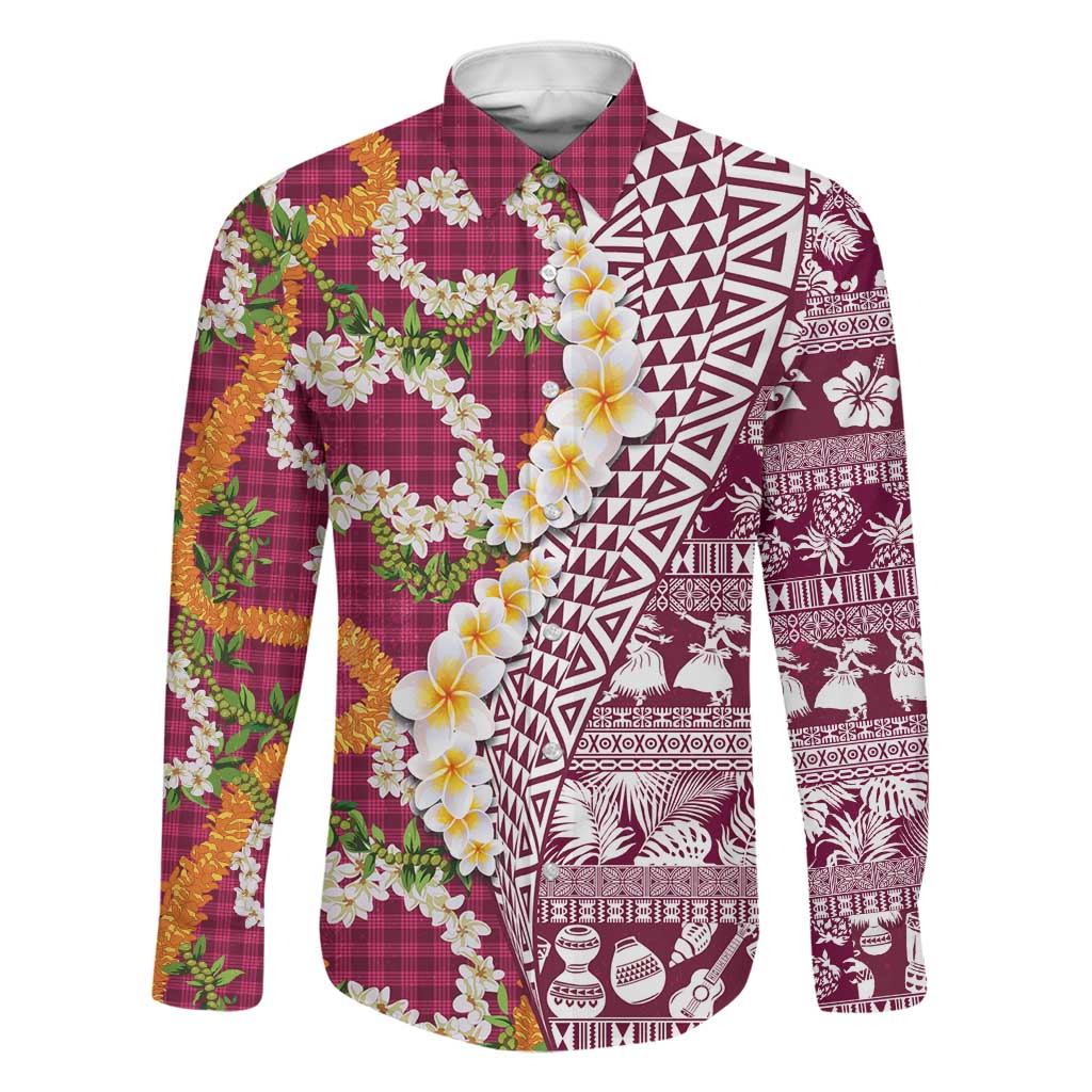 Hawaiian Plumeria Lei Family Matching Summer Maxi Dress and Hawaiian Shirt Kakau Motifs and Palaka Half Style Pink Color LT03 Dad's Shirt - Long Sleeve Pink - Polynesian Pride