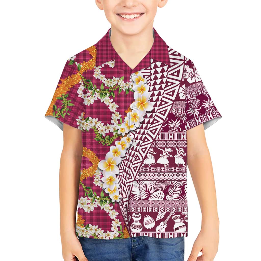 Hawaiian Plumeria Lei Family Matching Summer Maxi Dress and Hawaiian Shirt Kakau Motifs and Palaka Half Style Pink Color LT03 Son's Shirt Pink - Polynesian Pride