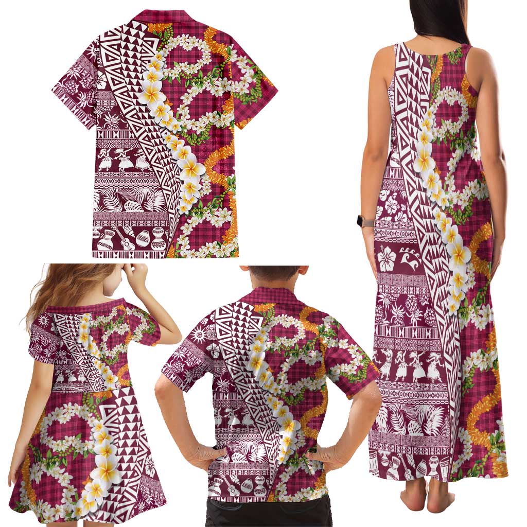 Hawaiian Plumeria Lei Family Matching Tank Maxi Dress and Hawaiian Shirt Kakau Motifs and Palaka Half Style Pink Color LT03 - Polynesian Pride