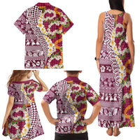 Hawaiian Plumeria Lei Family Matching Tank Maxi Dress and Hawaiian Shirt Kakau Motifs and Palaka Half Style Pink Color LT03 - Polynesian Pride