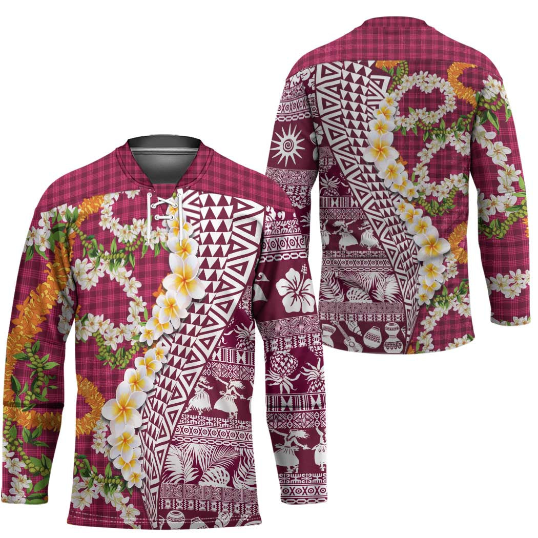 Hawaiian Plumeria Lei Hockey Jersey Kakau Motifs and Palaka Half Style Pink Color LT03 - Polynesian Pride