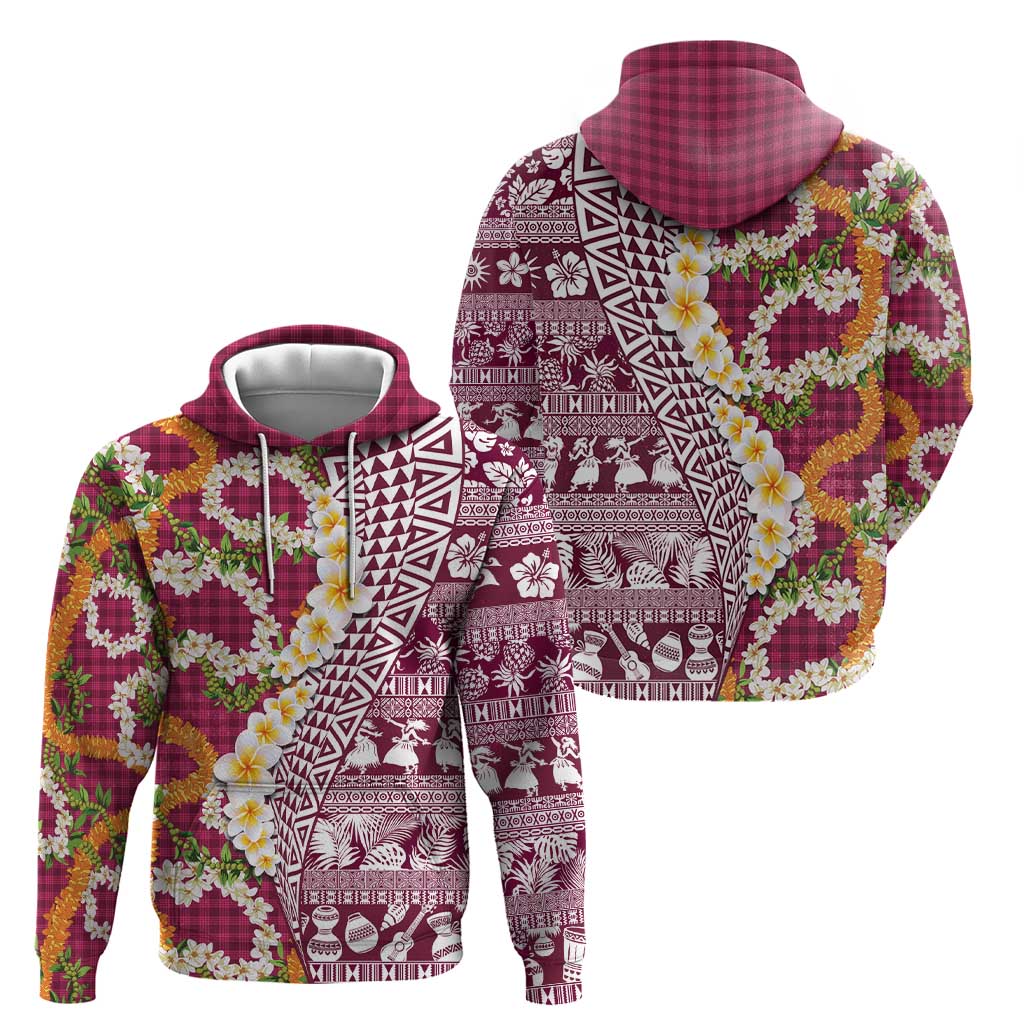 Hawaiian Plumeria Lei Hoodie Kakau Motifs and Palaka Half Style Pink Color LT03 - Polynesian Pride