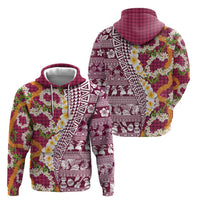 Hawaiian Plumeria Lei Hoodie Kakau Motifs and Palaka Half Style Pink Color LT03 - Polynesian Pride
