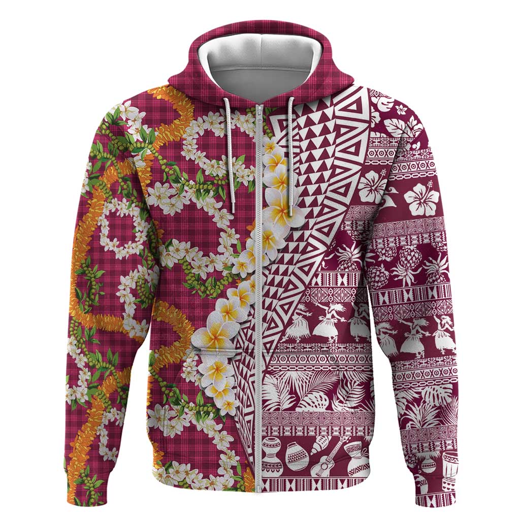 Hawaiian Plumeria Lei Hoodie Kakau Motifs and Palaka Half Style Pink Color LT03 Zip Hoodie Pink - Polynesian Pride