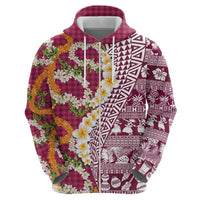 Hawaiian Plumeria Lei Hoodie Kakau Motifs and Palaka Half Style Pink Color LT03 - Polynesian Pride