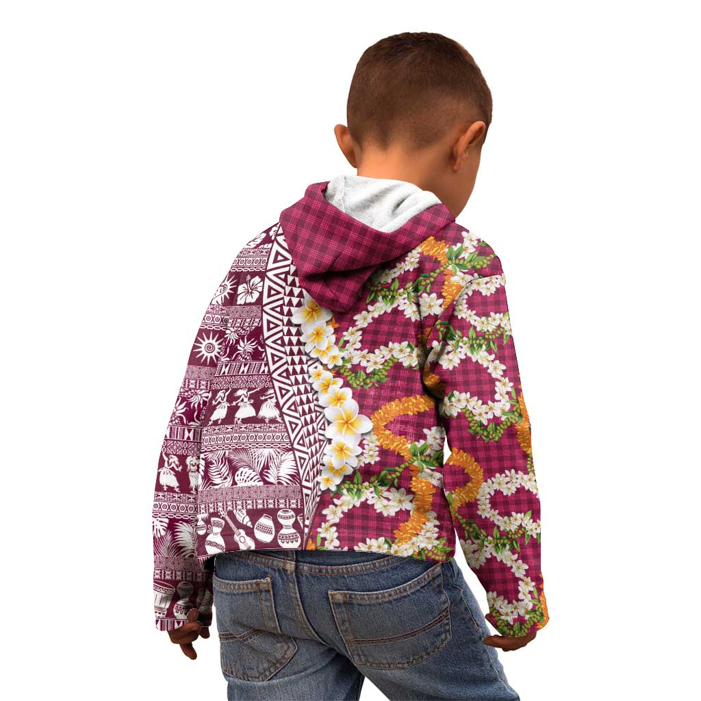 Hawaiian Plumeria Lei Kid Hoodie Kakau Motifs and Palaka Half Style Pink Color LT03 - Polynesian Pride
