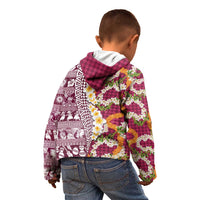 Hawaiian Plumeria Lei Kid Hoodie Kakau Motifs and Palaka Half Style Pink Color LT03 - Polynesian Pride