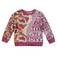 Hawaiian Plumeria Lei Kid Ugly Christmas Sweater Kakau Motifs and Palaka Half Style Pink Color LT03 Kid Pink - Polynesian Pride