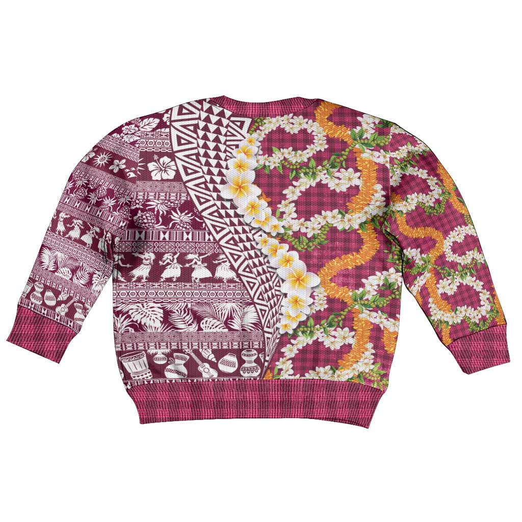 Hawaiian Plumeria Lei Kid Ugly Christmas Sweater Kakau Motifs and Palaka Half Style Pink Color LT03 - Polynesian Pride