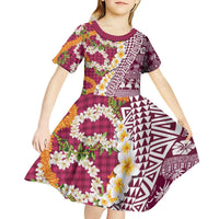 Hawaiian Plumeria Lei Kid Short Sleeve Dress Kakau Motifs and Palaka Half Style Pink Color LT03 - Polynesian Pride