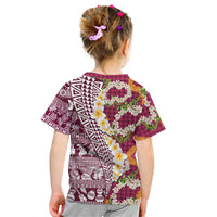 Hawaiian Plumeria Lei Kid T Shirt Kakau Motifs and Palaka Half Style Pink Color LT03 - Polynesian Pride
