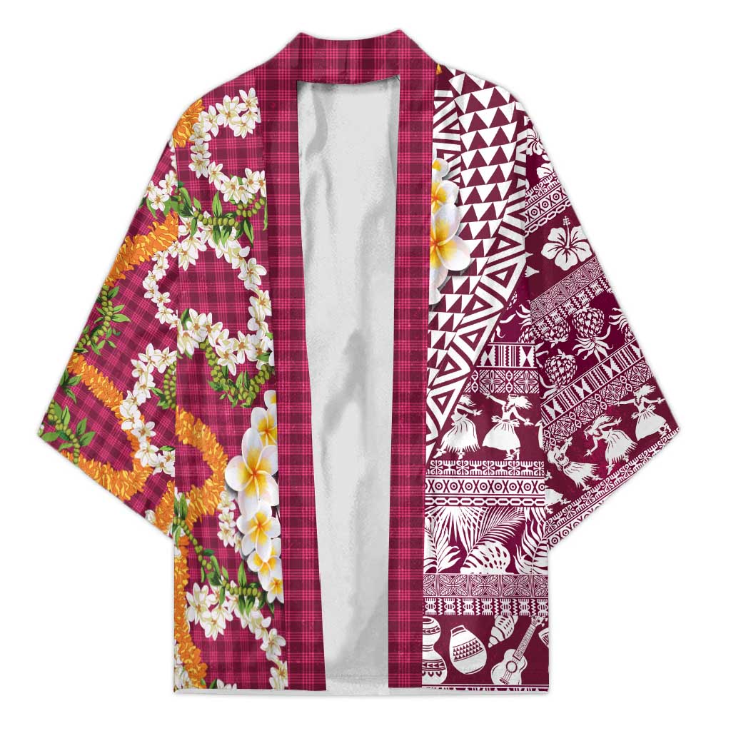 Hawaiian Plumeria Lei Kimono Kakau Motifs and Palaka Half Style Pink Color LT03 Unisex Pink - Polynesian Pride