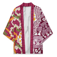Hawaiian Plumeria Lei Kimono Kakau Motifs and Palaka Half Style Pink Color LT03 Unisex Pink - Polynesian Pride