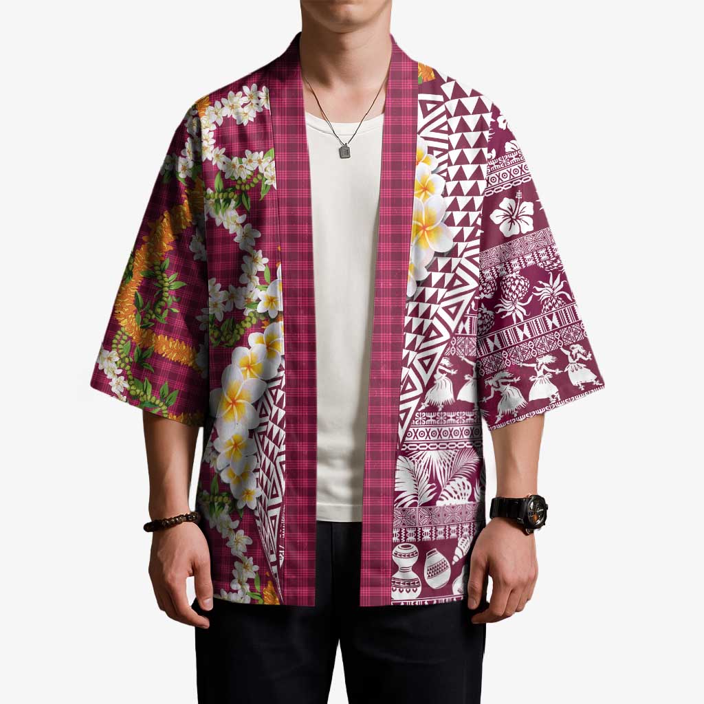 Hawaiian Plumeria Lei Kimono Kakau Motifs and Palaka Half Style Pink Color LT03 - Polynesian Pride