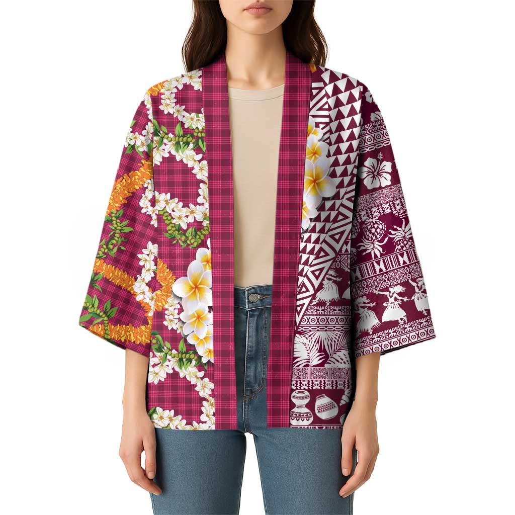 Hawaiian Plumeria Lei Kimono Kakau Motifs and Palaka Half Style Pink Color LT03 - Polynesian Pride