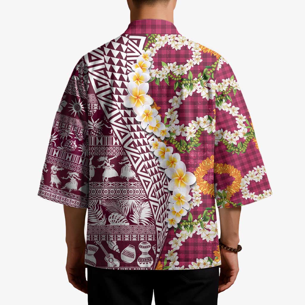 Hawaiian Plumeria Lei Kimono Kakau Motifs and Palaka Half Style Pink Color LT03 - Polynesian Pride