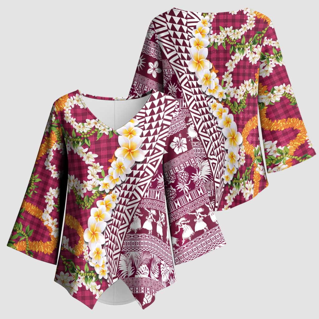 Hawaiian Plumeria Lei Kimono Sleeve Blouse Kakau Motifs and Palaka Half Style Pink Color LT03 - Polynesian Pride