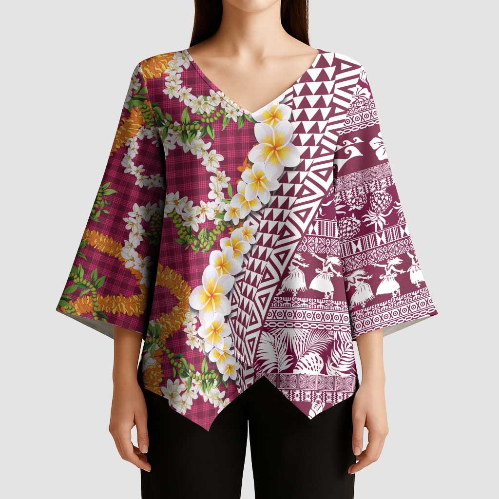 Hawaiian Plumeria Lei Kimono Sleeve Blouse Kakau Motifs and Palaka Half Style Pink Color LT03 - Polynesian Pride