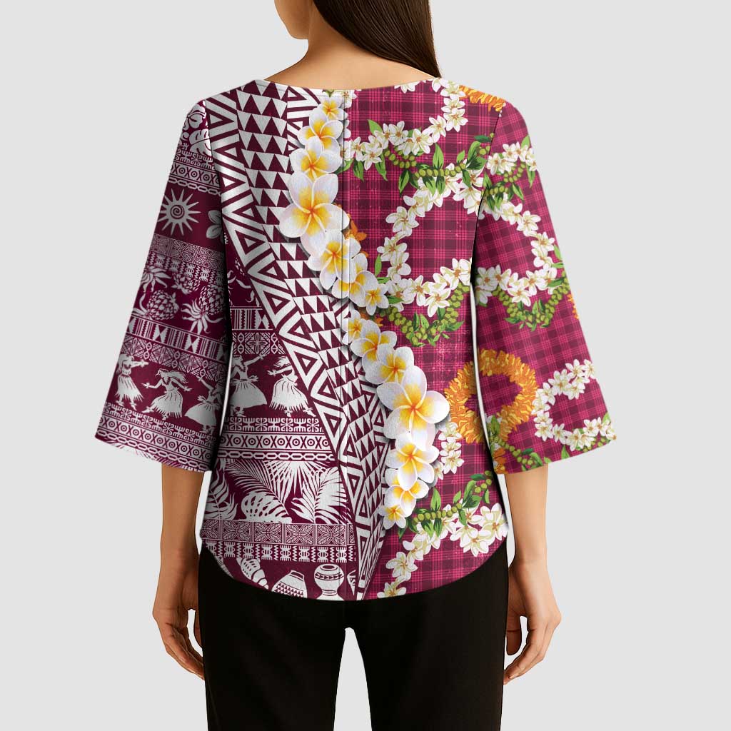 Hawaiian Plumeria Lei Kimono Sleeve Blouse Kakau Motifs and Palaka Half Style Pink Color LT03 - Polynesian Pride