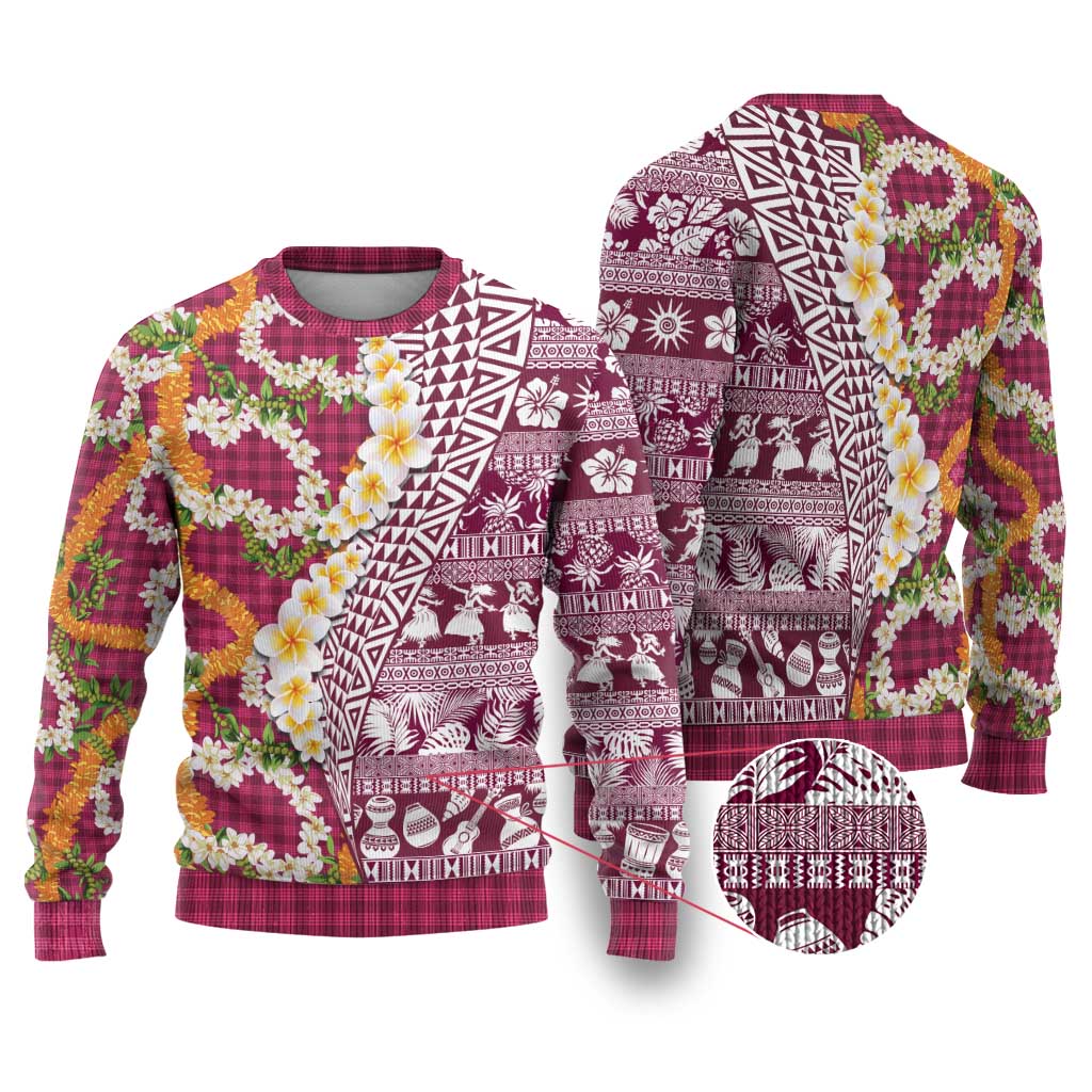 Hawaiian Plumeria Lei Ugly Christmas Sweater Kakau Motifs and Palaka Half Style Pink Color LT03 Pink - Polynesian Pride