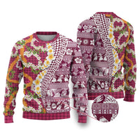 Hawaiian Plumeria Lei Ugly Christmas Sweater Kakau Motifs and Palaka Half Style Pink Color LT03 Pink - Polynesian Pride