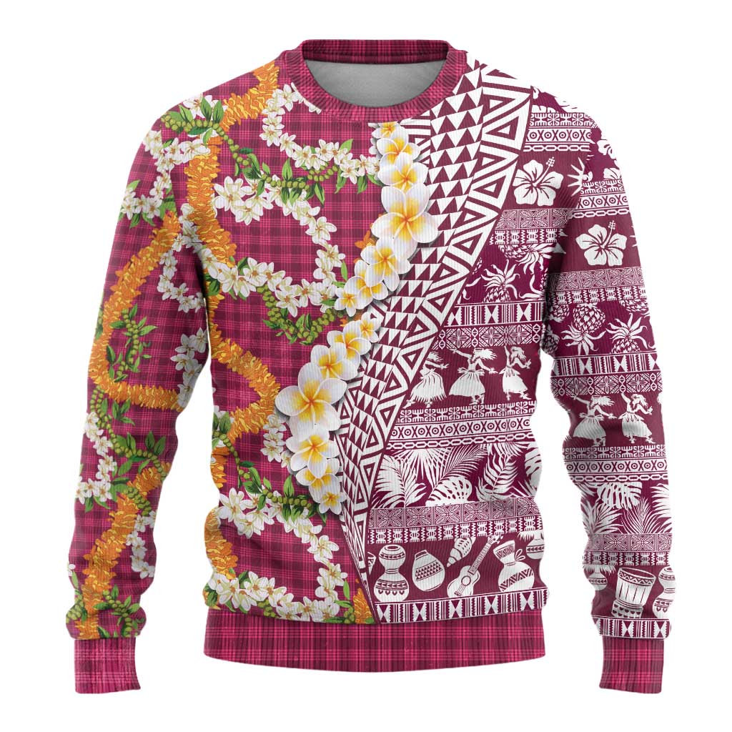 Hawaiian Plumeria Lei Ugly Christmas Sweater Kakau Motifs and Palaka Half Style Pink Color LT03 - Polynesian Pride