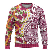 Hawaiian Plumeria Lei Ugly Christmas Sweater Kakau Motifs and Palaka Half Style Pink Color LT03 - Polynesian Pride