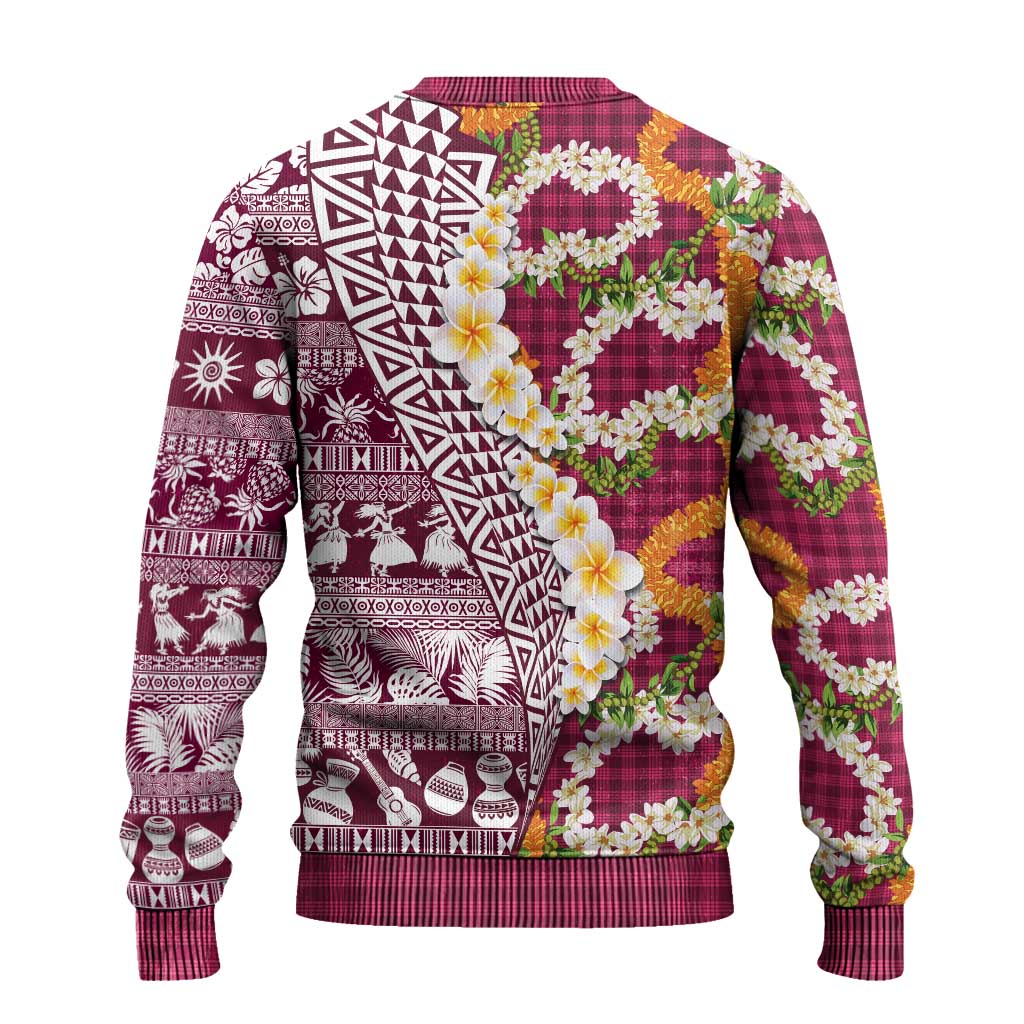 Hawaiian Plumeria Lei Ugly Christmas Sweater Kakau Motifs and Palaka Half Style Pink Color LT03 - Polynesian Pride