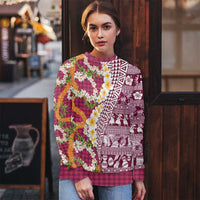 Hawaiian Plumeria Lei Ugly Christmas Sweater Kakau Motifs and Palaka Half Style Pink Color LT03 - Polynesian Pride