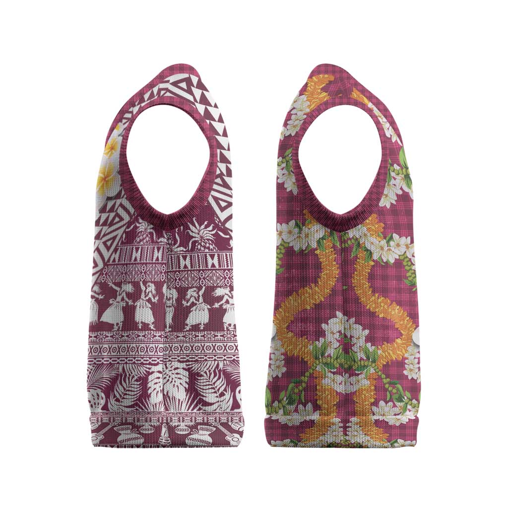 Hawaiian Plumeria Lei Christmas Knitted V-Neck Vest Kakau Motifs and Palaka Half Style Pink Color LT03 - Polynesian Pride