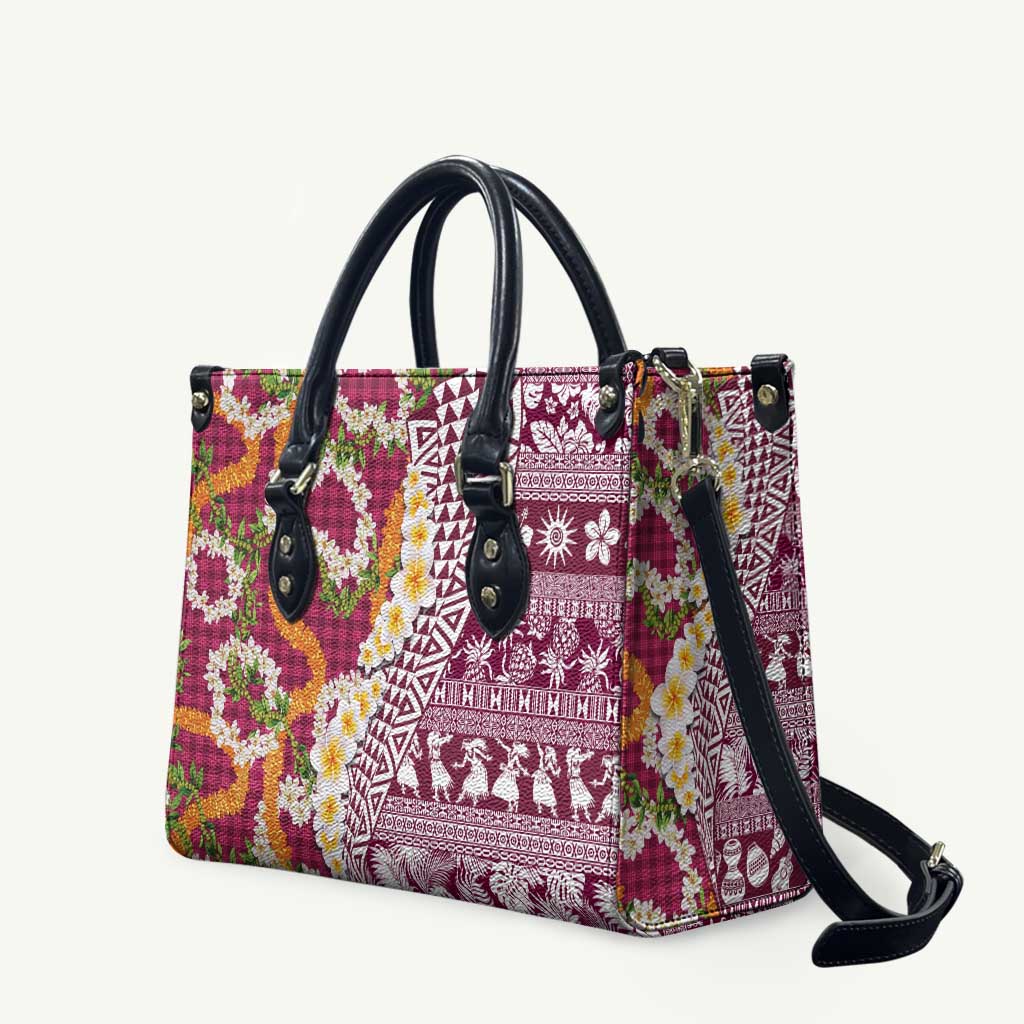 Hawaiian Plumeria Lei Leather Bag Kakau Motifs and Palaka Half Style Pink Color LT03 Pink - Polynesian Pride