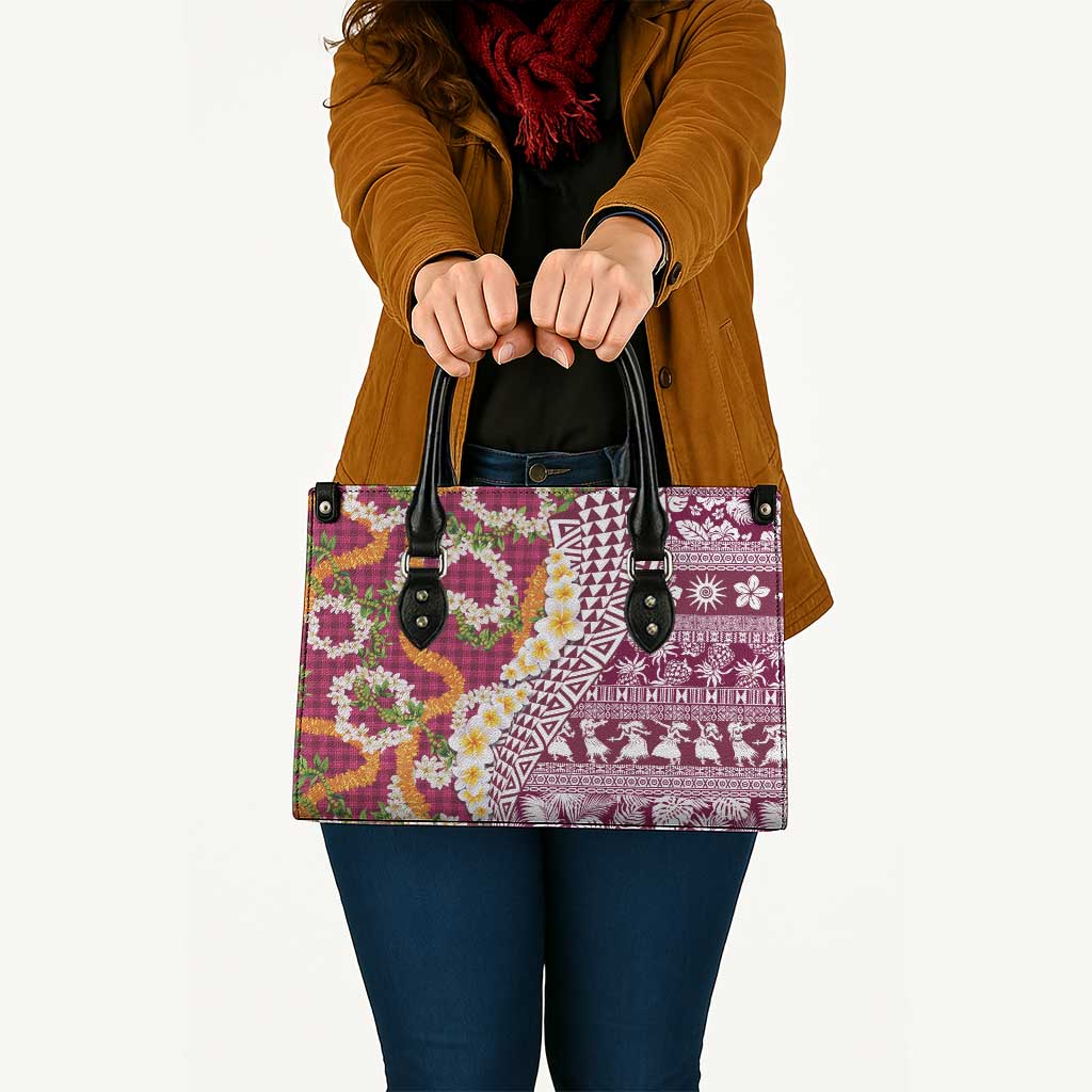 Hawaiian Plumeria Lei Leather Bag Kakau Motifs and Palaka Half Style Pink Color LT03 - Polynesian Pride