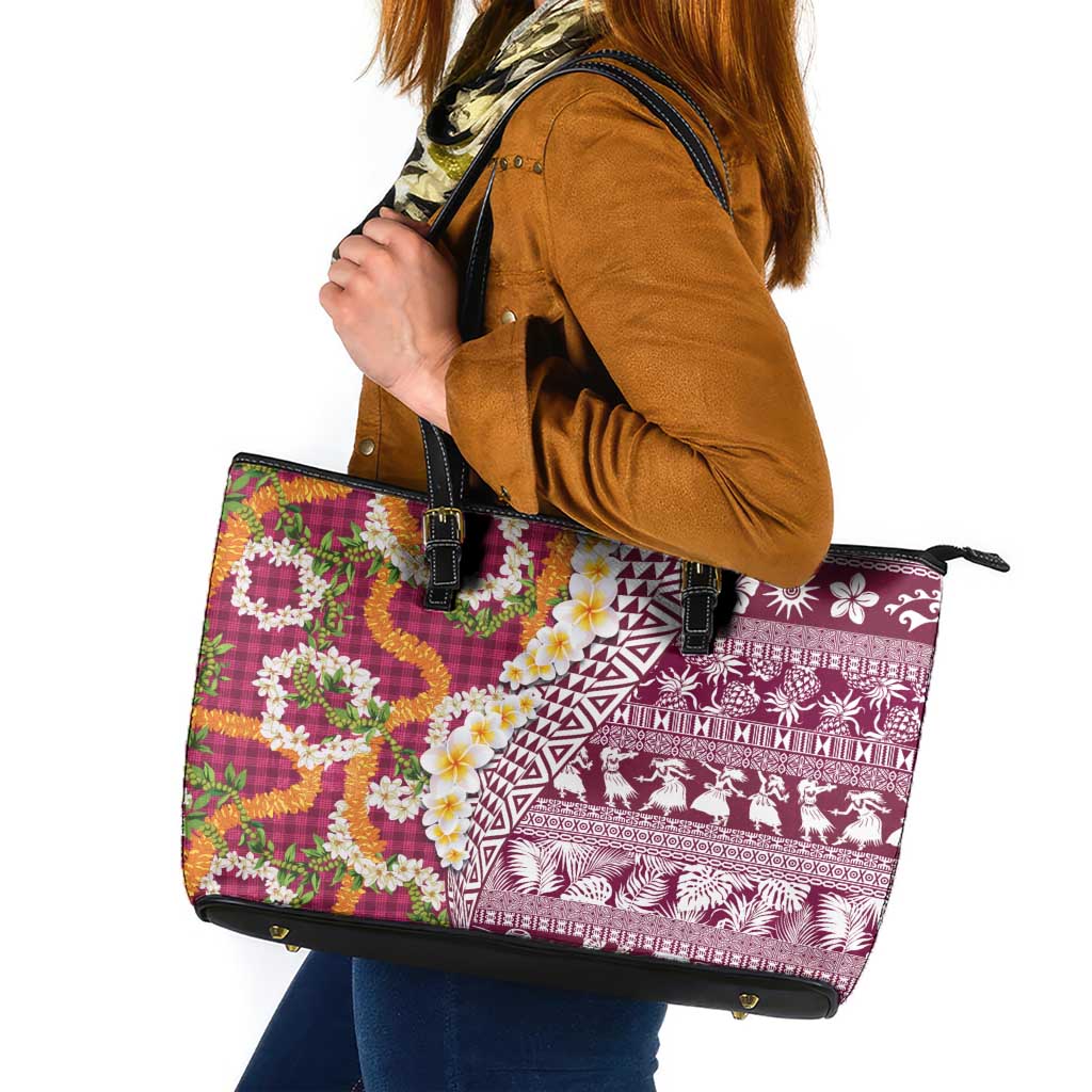 Hawaiian Plumeria Lei Leather Tote Bag Kakau Motifs and Palaka Half Style Pink Color LT03 Pink - Polynesian Pride
