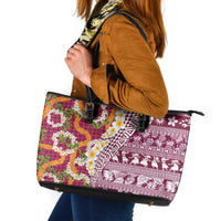 Hawaiian Plumeria Lei Leather Tote Bag Kakau Motifs and Palaka Half Style Pink Color LT03 Pink - Polynesian Pride