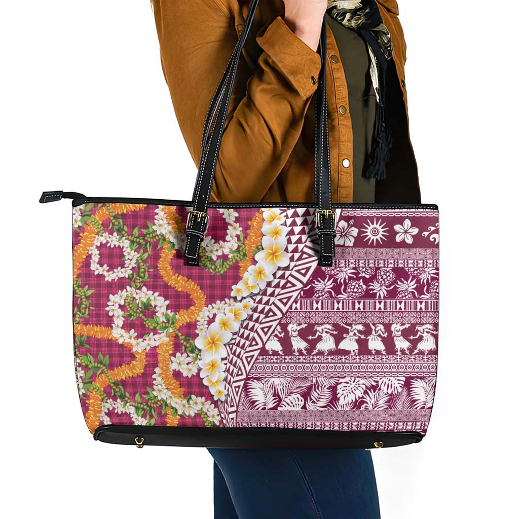Hawaiian Plumeria Lei Leather Tote Bag Kakau Motifs and Palaka Half Style Pink Color LT03 - Polynesian Pride