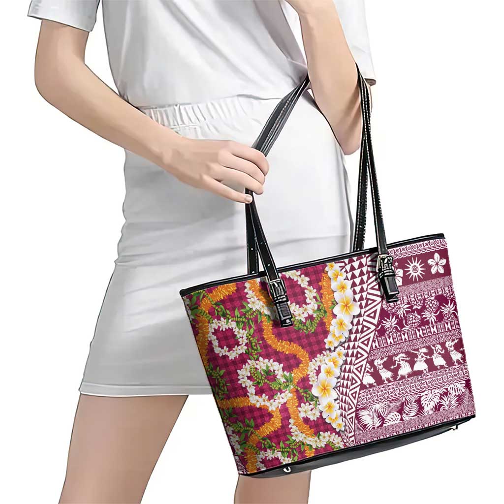 Hawaiian Plumeria Lei Leather Tote Bag Kakau Motifs and Palaka Half Style Pink Color LT03 - Polynesian Pride