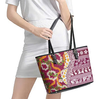 Hawaiian Plumeria Lei Leather Tote Bag Kakau Motifs and Palaka Half Style Pink Color LT03 - Polynesian Pride