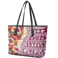 Hawaiian Plumeria Lei Leather Tote Bag Kakau Motifs and Palaka Half Style Pink Color LT03 - Polynesian Pride