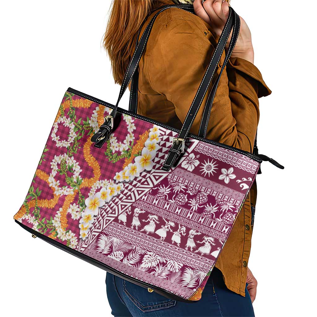 Hawaiian Plumeria Lei Leather Tote Bag Kakau Motifs and Palaka Half Style Pink Color LT03 - Polynesian Pride