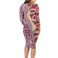 Hawaiian Plumeria Lei Long Sleeve Bodycon Dress Kakau Motifs and Palaka Half Style Pink Color LT03 - Polynesian Pride