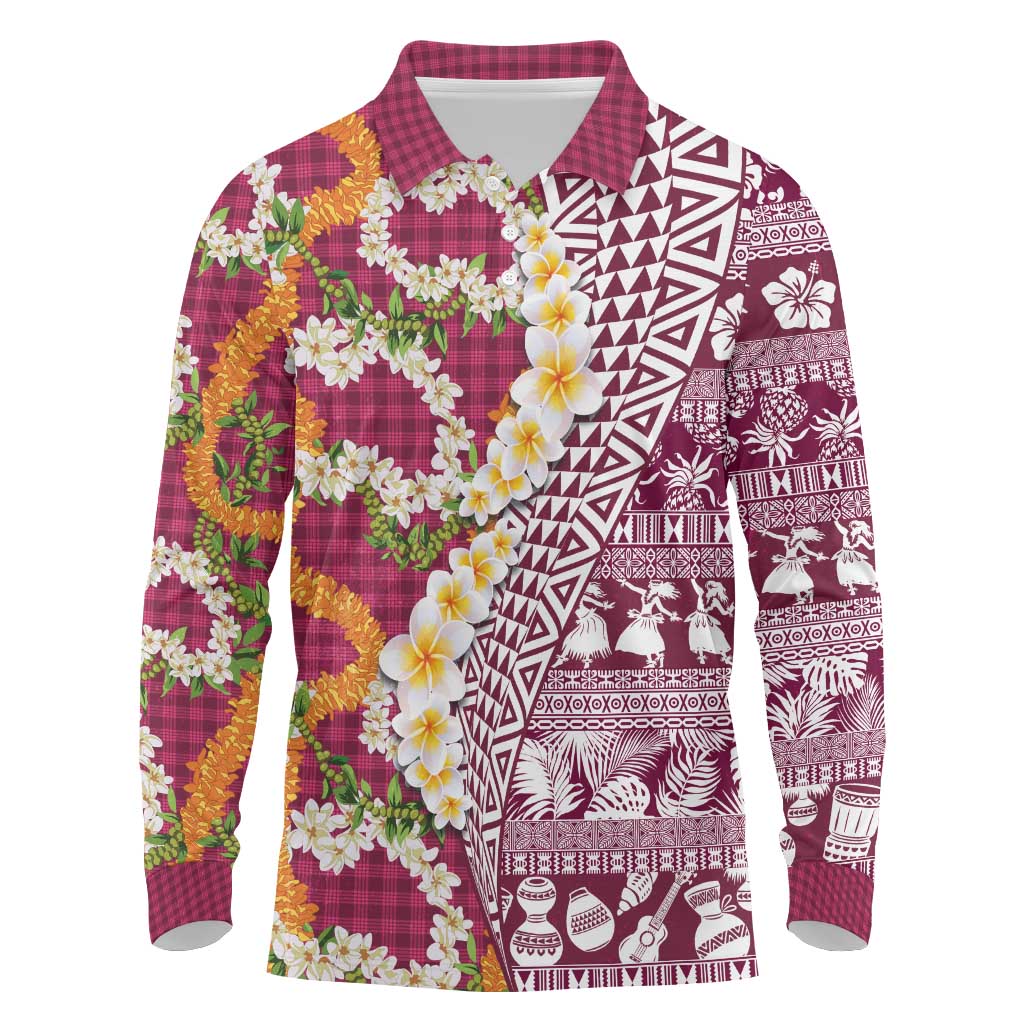 Hawaiian Plumeria Lei Long Sleeve Polo Shirt Kakau Motifs and Palaka Half Style Pink Color LT03 Pink - Polynesian Pride